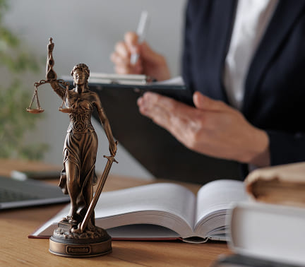 Soška Justície s váhami na pracovnom stole právnika – právne poradenstvo pri prevode nehnuteľnosti